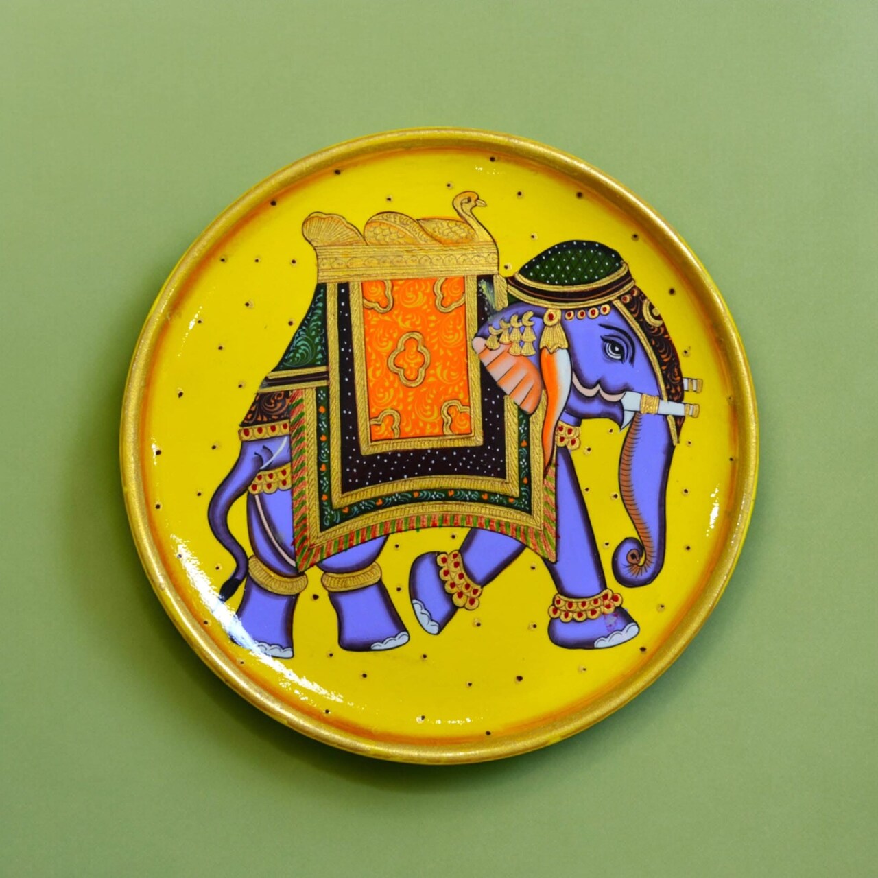 Decorative Plates Traditional Indian Wall Hanging Ornament Hand Painted Boho Round Display Wooden Plate for Home Office Kitchen Wall Décor - Diwali Housewarming Gift